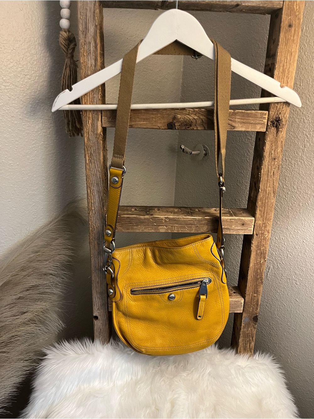 b. makowsky Yellow soft leather Pebbled Crossbody Bag with Adjustable Strap